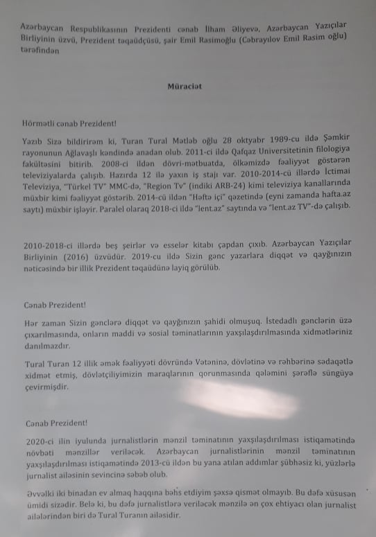 Gənc yazardan Prezidentə müraciət: "Bu dəfə ümid sizədir"