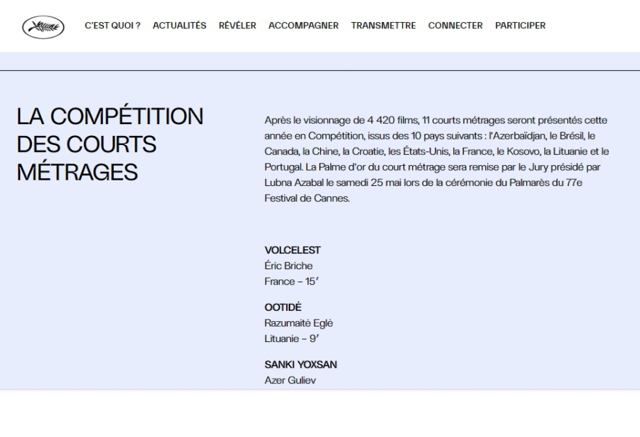 Azərbaycanlı rejissorun ekran əsəri Kann Film Festivalının qısametrajlı filmlər müsabiqəsinə seçilib